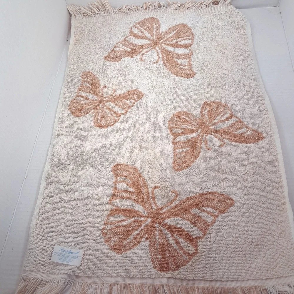 Vintage West Point Lady Pepperell Butterfly bath hand towel brown cream fringe